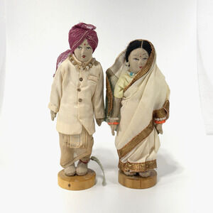 Vintage Bride & Groom Indian Dolls Wedding Couple Pair Hand Made India 7"